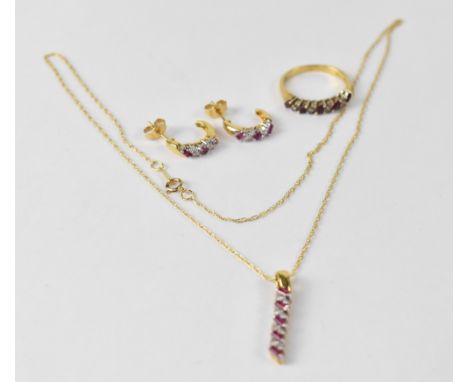 A Compton &amp; Woodhouse 18ct yellow gold 'True Love' necklace, earring and ring set, the bar drop pendant set with five sma