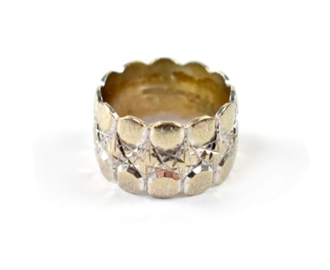 A 1970s hallmarked 9ct white gold band ring with bead and crosshatch design, size K/L, approx 6.1g.