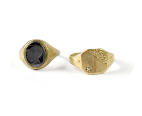 Two 9ct gold gentlemen's signet rings, one with an intaglio of a gladiator, size P and the other inset with a tiny diamond to