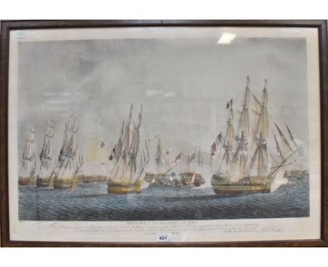Robert Dodd (1748-1816); coloured engraving, 'Victory of Trafalgar In The Van.', plate three, together with another by the sa