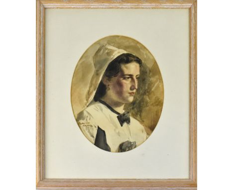 EDWARD KILLINGWORTH JOHNSON RWS (British, 1825-1923); watercolour, head and shoulders portrait of a woman wearing a bonnet, a