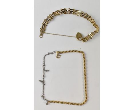 A 9ct gold four-bar gate bracelet, the padlock stamped 375, together with a 14ct gold rope twist bracelet stamped 585, with a
