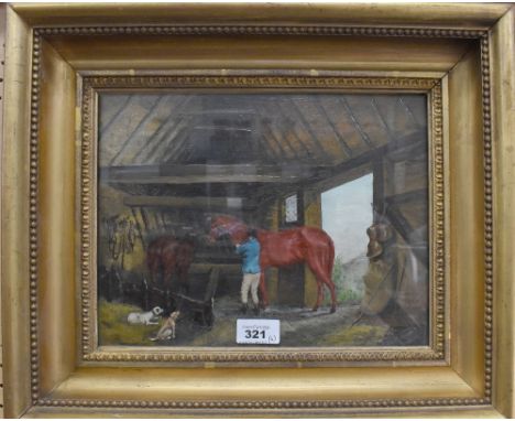 UNATTRIBUTED; a pair of oils, farmyard stable scenes to include smithy shoeing a horse with tools in the foreground and a gro