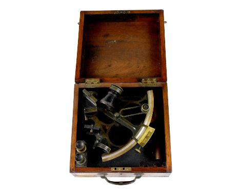 B C Cousens &amp; Son; a mahogany cased brass and black lacquered sextant with two additional lenses in the fitted case, the 