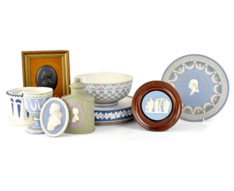 A group of early 20th century Wedgwood jasperware to include a jasper bowl with diced decoration, first in a museum series no