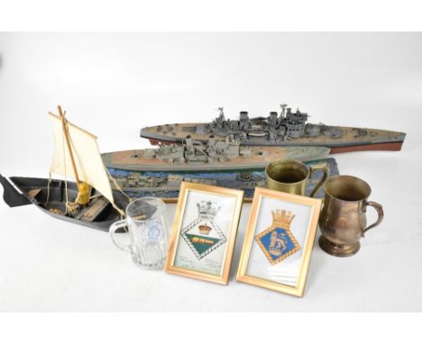 Two model Royal Naval war ships, a small model of a fishing boat, plated tankard with fish handle, inscribed 'H.M.S. Resoluti