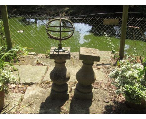 A stone baluster pedestal, mounted with an orary by Westwood Dials, 110cm overall height, and a further balustrade pedestal (