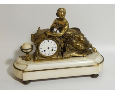 A 19thC French white marble and gilt spelter mantel clock, with eight day movement striking on a bell, the back plate signed 