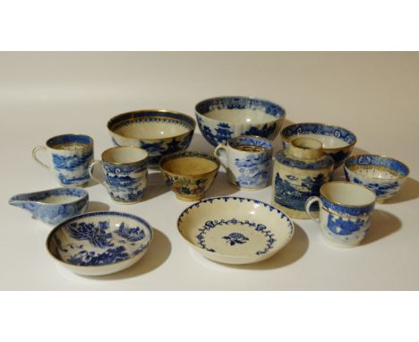 Various blue and white ware etc., to include an early 19thC blue and white transfer printed cylindrical jar decorated in the 