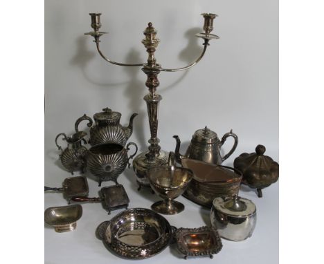 A group of silver plated wares, including two branch candelabrum, three piece EPBM tea set, tea caddy, strawberry dish, etc. 