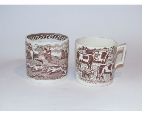 A 19thC British Sports brown transfer printed ale tankard, the cylindrical body decorated with figures on horseback hunting w