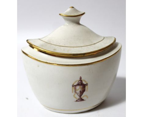 An early 19thC porcelain sucrier, the shaped body centred by an urn with gilt highlights and shaped lid with inverted knop, n