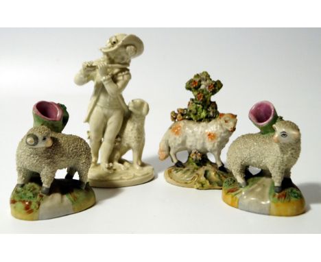 Various porcelain, comprising a pair of Derby style crumb coated lamb spill vases, probably Sampson, 11cm high, another simil