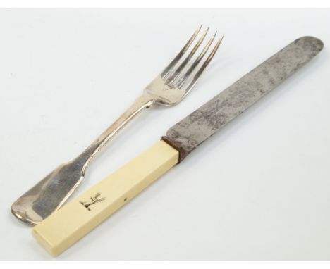 A Victorian silver fork and steel and ivory handled knife set, crest engraved, Charles Boyton II, London 1854, boxed.