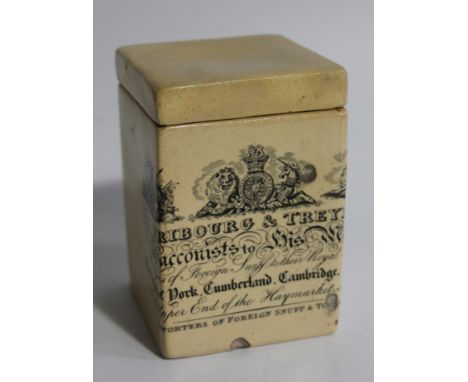 A Fribourg and Treyer pottery tobacco jar, the square body with removable lid revealing plain interior, transfer printed with