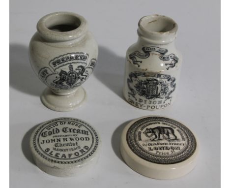 Various pot lids etc., comprising black and white transfer printed examples, John R Wood Sleaford Chemist, 6cm dia., Cross & 