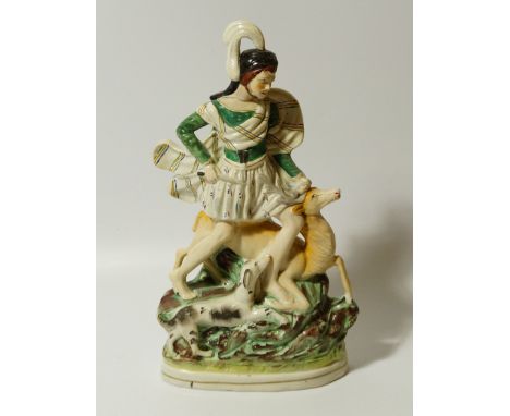 A mid-19thC Staffordshire figure group, of a gentleman in Highland dress hunting deer aside dog on a naturalistic gilt lined 