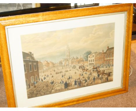 19thC School.  Wide Bargate Sheepmarket, Boston, Lincolnshire, coloured lithograph, trimmed to image, 42cm x 60cm.