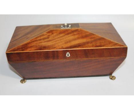 An early Victorian Scottish mahogany sarcophagus tea caddy, with bone inset thistle motif to the cover and three compartment 