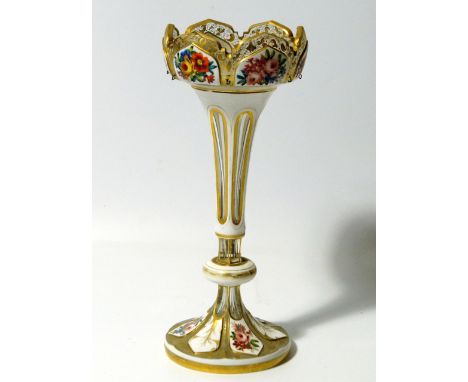 A 19thC Bohemian glass and enamel table lustre, the castellated top on an inverted stem terminating in a circular protruding 