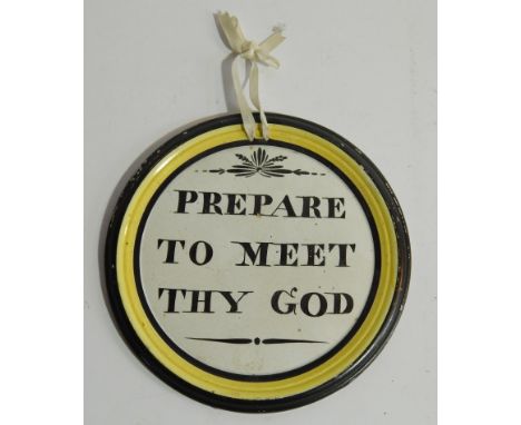 An early 19thC Dixon Austin and Co Sunderland pottery plaque, 'Prepare To Meet Thy God', with yellow and black outline and bl