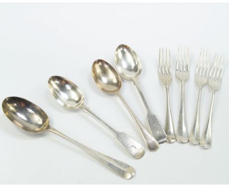 Silver table and dessert spoons, a cream ladle, table and dessert forks, chiefly decorated in the Old English pattern, 30.44o