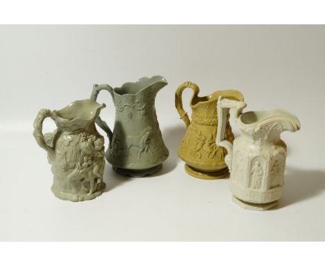 Various 19thC stoneware jugs, to include Copeland & Garrett style decorated with raised moulded religious figures, acanthus c