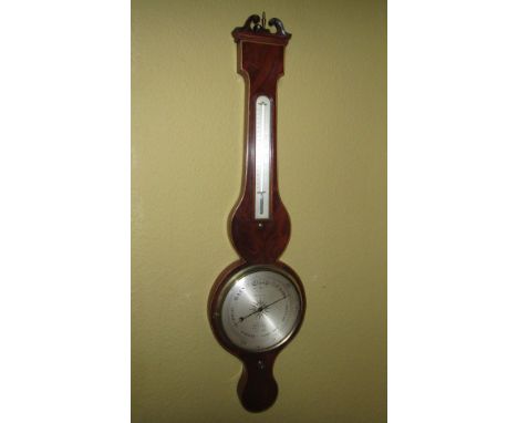 A 19thC mahogany and boxwood wheel barometer, by D. Gugeri of Boston, with a finely engraved silvered dial beneath a silvered