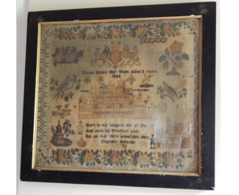 A Victorian pictorial and motto sampler, by Emma Inman aged 8 and dated 1844, embroidered with the VR coat of arms, an image 
