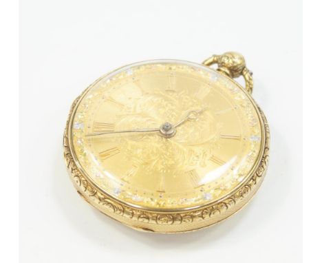 A Victorian 18ct gold cased mid size pocket watch, with engine turned case, gold damascened dial, gold numerals and hands, ke