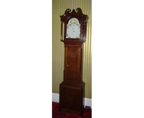 A 19thC mahogany and oak crossbanded longcase clock, B Farrar, Pontefract, with thirty hour movement, the painted dial with A