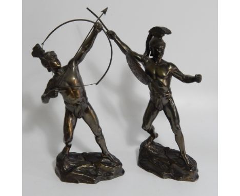 After Herman Eichberg. Two patinated spelter figures of Roman soldiers, both in standing poses and one with a spear and shiel