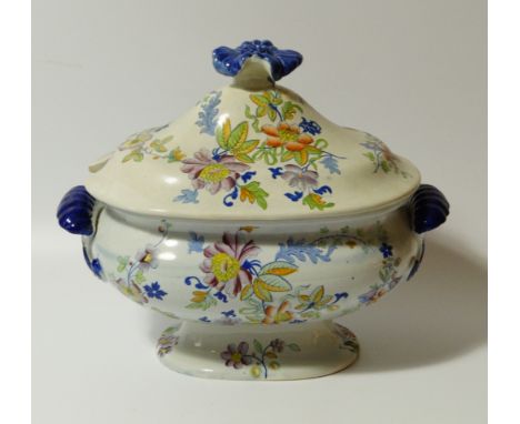 A 19thC Staffordshire Genuine Opaque China sauce tureen, the oval body with domed lid and space for ladle, polychrome decorat