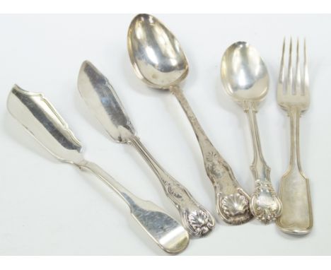 Silver flatware, including a Kings pattern tablespoon, Mackay & Chisholm, Edinburgh 1842, two butter knives, table fork and a