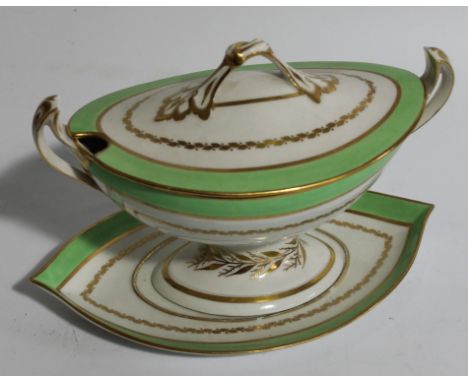 An early 19thC Derby porcelain sauceboat on stand, of Neo-Classical design, the ellipse shaped body flanked by moulded handle