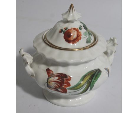 A 19thC porcelain sucrier, the inverted bellied body hand painted with flowers and butterflies, predominantly in green, orang