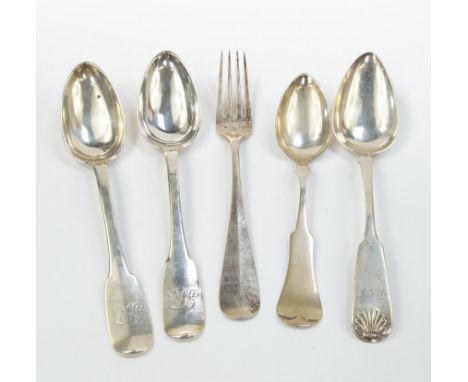 A 19thC American white metal dessert spoon, for A & J Plant, stamped sterling, a Kristensen table fork, and three Continental