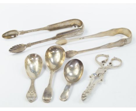 A pair of George III silver sugar tongs, Edinburgh 1814, William IV pair of tongs, Glasgow 1834,  a pair of scissor action su