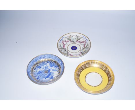 An 18thC Sevres porcelain saucer, with gilt highlights hand painted with garlands of flowers predominantly in pink and blue a