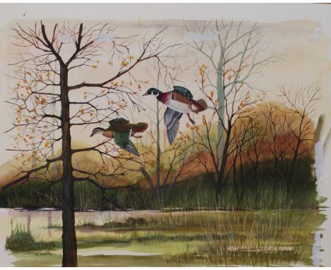 Victor P. Sharpe (b.1922).  Wood ducks - early morning light, mixed media, signed and titled verso, 38cm x 54cm.