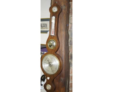 An early 19thC painted rosewood wheel barometer, with swan neck pediment over hygrometer, thermometer, convex mirror, 20cm si