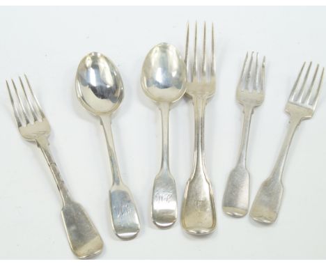 Georgian silver flatware, including a fiddle and thread table fork, crest engraved William Eley and William Fearn, London 180