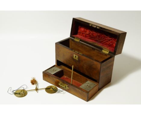 A Victorian flamed mahogany apothecary box, with scales to drawer (AF). 25cm high.  