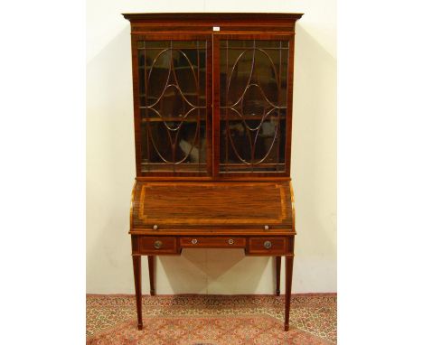 Sheraton revival inlaid mahogany bureau bookcase, c. early 20th century, the bookcase with two glazed astragal doors enclosin