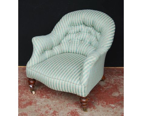 19th century walnut lady's armchair, upholstered in later striped button-back fabric, on brass caps with ceramic castors, 70c