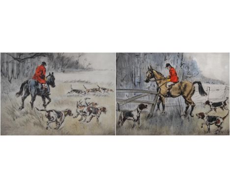 Henry Wilkinson (British, 1921 - 2011) Master of the Hunt on horseback with hounds Two limited edition pencil signed colour e