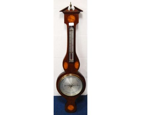 Georgian inlaid wheel barometer, retailed by CW Dixey, 3 New Bond Street, London, with silvered thermometer gauge above a sil