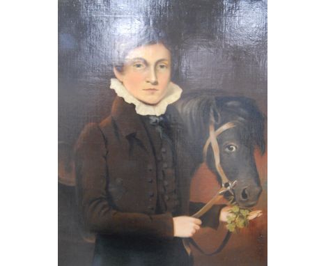 English School (Early 19th century) Portrait of a boy feeding a pony, the boy with lace collar, jacket and waistcoat Oil on c