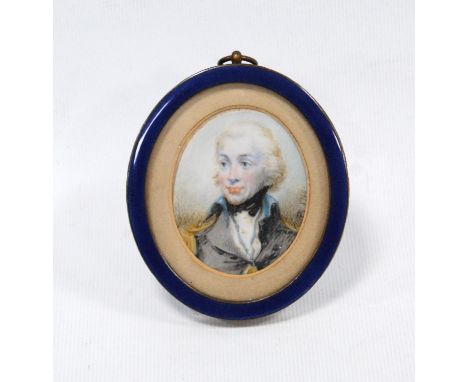 18th century portrait miniature watercolour of a naval officer, indistinctly signed and dated 1760, enclosed in a blue enamel