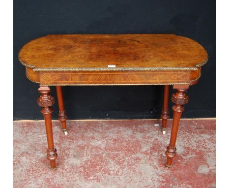 19th century French inlaid burr walnut hall table, the D-end top above an inlaid frieze decorated with gilt metal beading, on